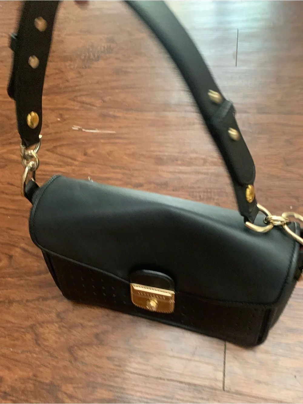 Black Longchamp  Leather Shoulder Bag with Gold Hardware